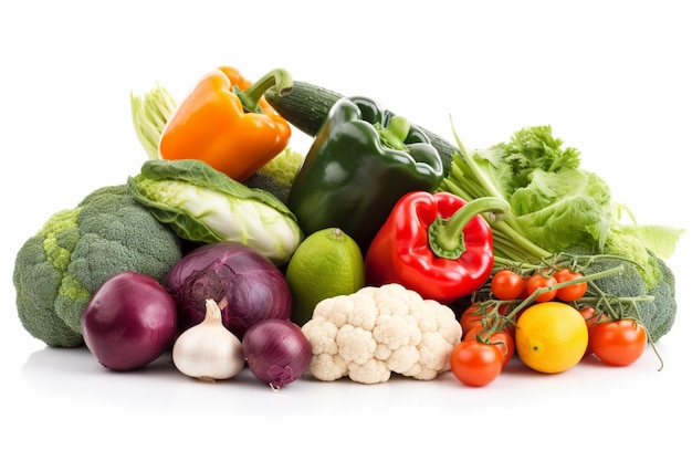 Un montón de verduras, incluido un pimiento verde, pimientos rojos y pimientos verdes.