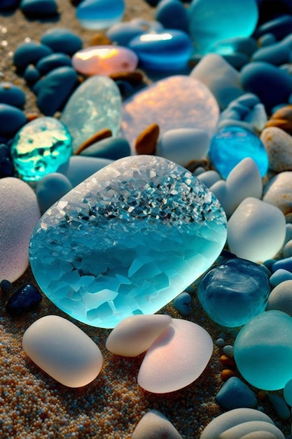Montón de vidrio de mar sentado encima de una playa de arena generativa ai