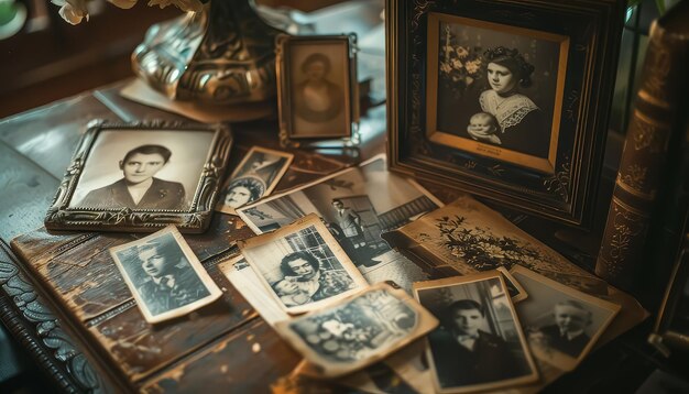 Un montón de viejas fotografías en una mesa