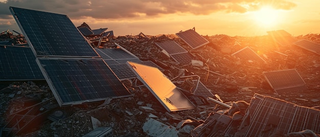 Montón de viejos paneles solares en un vertedero con una puesta de sol Degradación y contaminación del medio ambiente