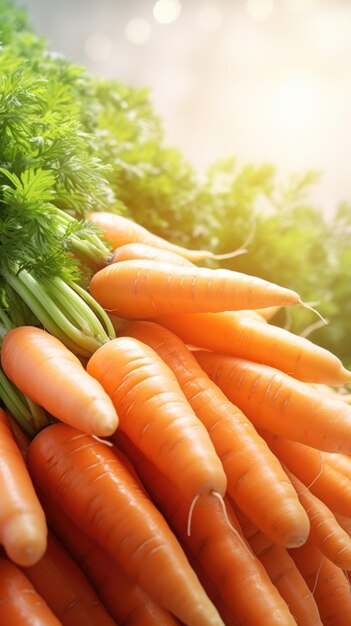 Foto un montón de zanahorias frescas con verduras verdes en el fondo con espacio de copia