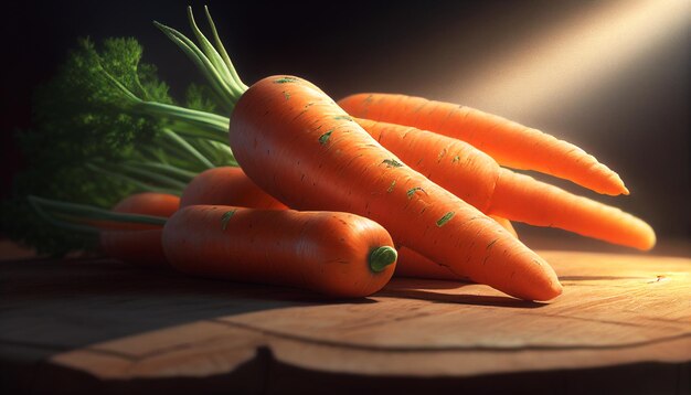 Un montón de zanahorias yace en el suelo bajo los brillantes rayos del sol.