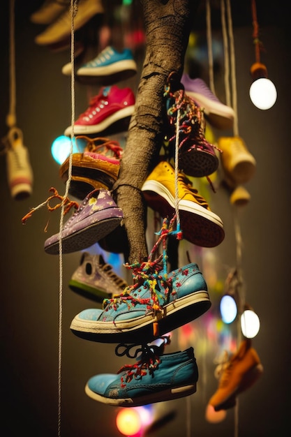 Un montón de zapatos que cuelgan de una cuerda en una habitación con luces de fondo IA generativa