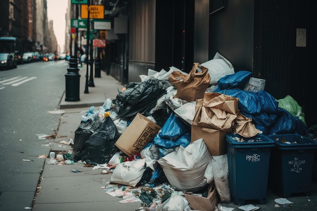 Montones de basura y basura en las calles de la ciudad basura desbordante