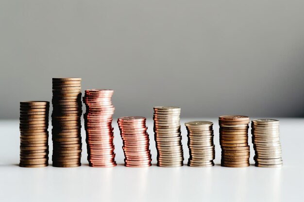 Montones de monedas de ahorro dispuestas en orden sobre una mesa de trabajo de madera o torres altas de monedas la riqueza