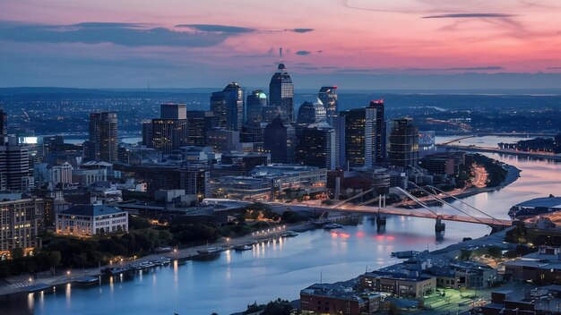 Foto montreal sobre el río al anochecer con luces de la ciudad y edificios urbanos