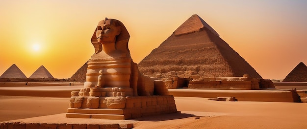 Monumentale Skulptur der Sphinx und der großen Pyramiden im Hintergrund Gizeh-Plateau Ägypten
