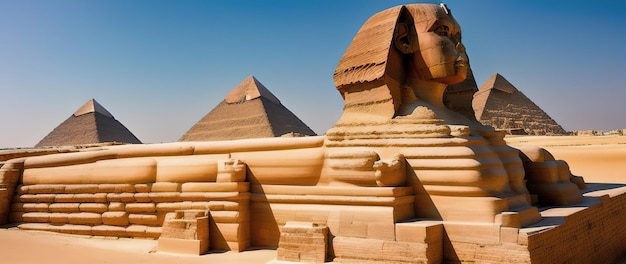 Monumentale Skulptur der Sphinx und der großen Pyramiden im Hintergrund Gizeh-Plateau Ägypten Generative KI