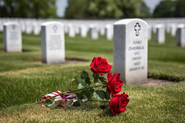 Un monumento al cementerio americano está rodeado de rosas rojas.