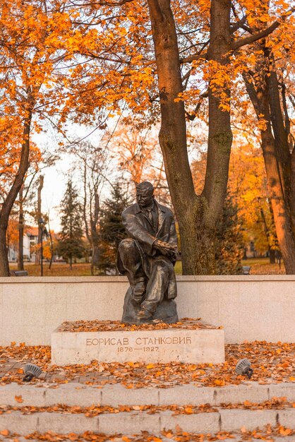 Monumento al escritor serbio Borisav Stankovic en el parque de la ciudad de Vranje capturado en la mañana de otoño