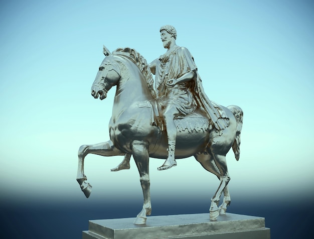 monumento de renderização 3D com um cavaleiro dourado em um cavalo em um fundo do céu que o rei monta