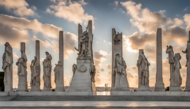 un monumento con estatuas de estatuas delante de él con el sol detrás de ellos