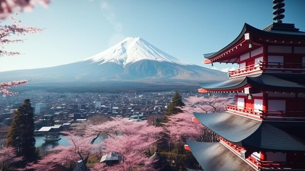 Monumento de Japón en el invierno Chureito Pagoda Roja y Mt