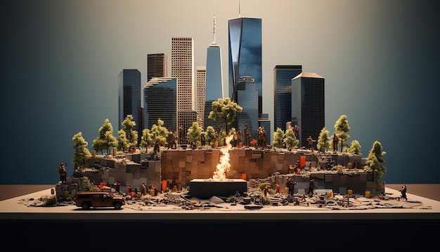 Monumento mínimo al 911 con objetos en miniatura Concepto del Día del Patriota del 11 de septiembre