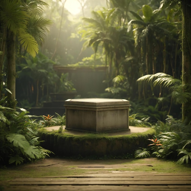 un monumento de piedra en una jungla con palmeras al fondo