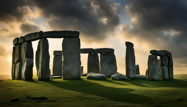 Foto un monumento de piedra está en el medio de un campo