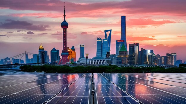 Foto monumentos del paisaje urbano de chongqing y paneles solares