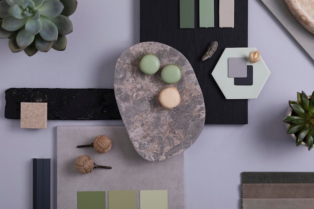 Moodboard de arquitecto creativo y diseñador de interiores Composición plana en una paleta de colores gris y verde con paneles y azulejos de muestras de pintura y textiles Vista superior Espacio de copia Plantilla