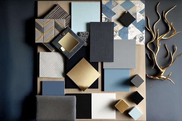 Moodboard Produktmuster Warmes Holz Blau Grau Weiß Schwarz und Gold