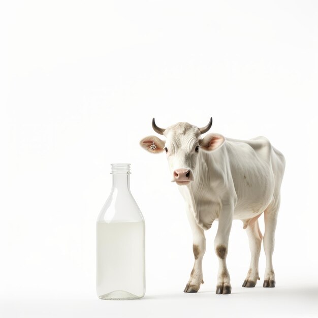 Foto moodern ethereal capturando una foto realista de 4k de una vaca blanca reflexionando cerca de una botella de vidrio vacía