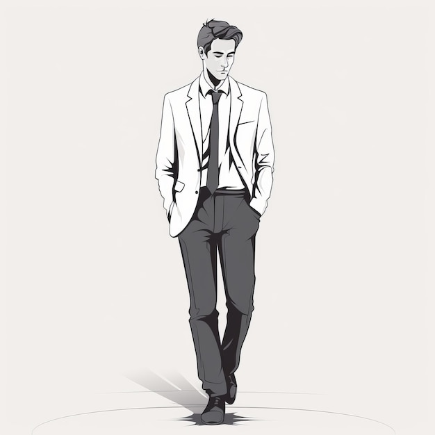 Moody dibujo de moda en blanco y negro de un hombre de negocios en traje elegante