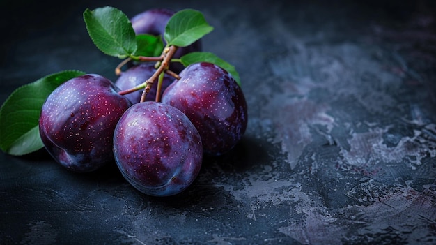 Foto moody plum arrangement auf dunkler oberfläche natürliche beleuchtung