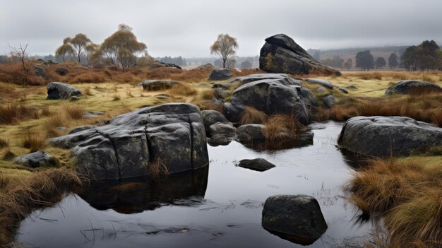 Foto moody rock cove uma zona húmida tranquila com pedras afiadas e céus nublados