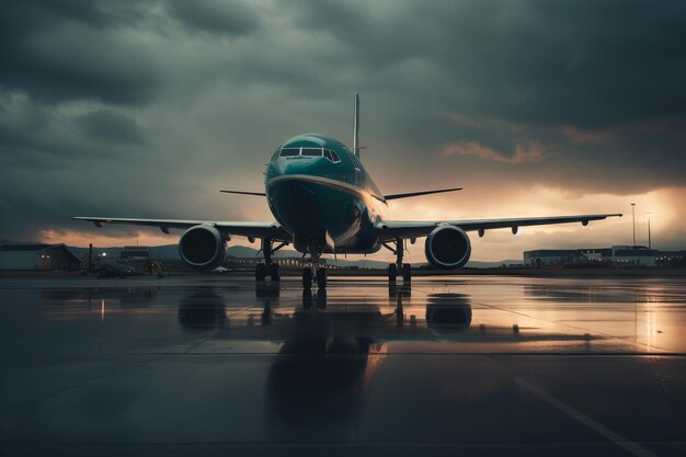 Moody Sunset con avión de pasajeros en pista IA generativa