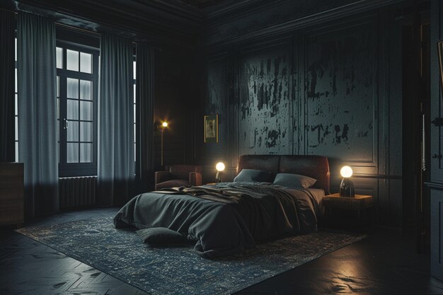 Moody und dramatisches dunkles Schlafzimmer-Design Oktan-Rend