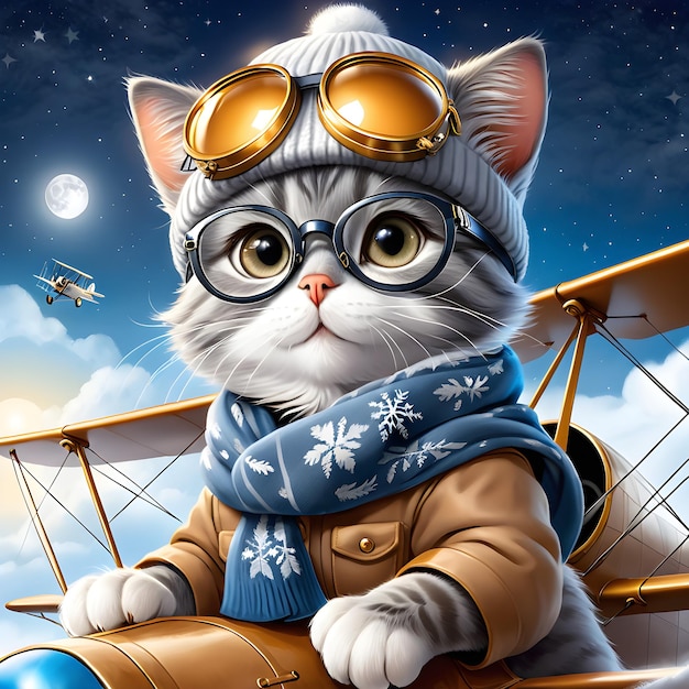 Moon es un gato gris a quien le encanta pilotar su biplano está emocionada de volver a casa para Navidad y