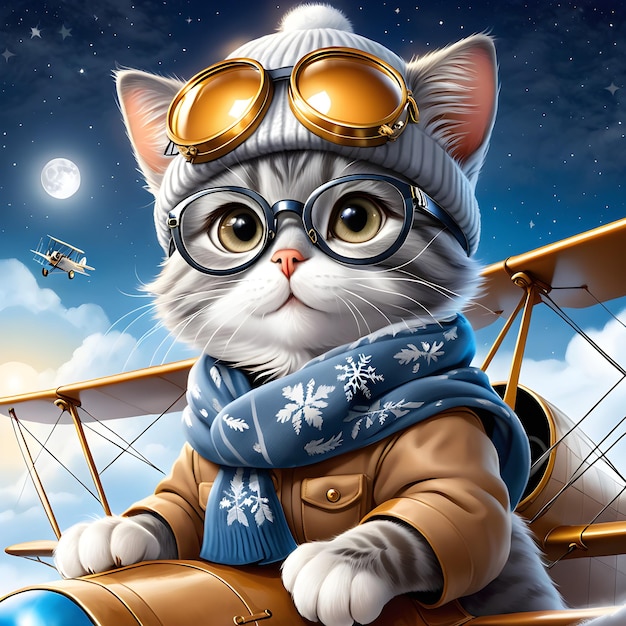 Moon ist eine graue Katze, die es liebt, ihr Doppelflugzeug zu steuern. Sie ist aufgeregt, zu Weihnachten nach Hause zu kommen.