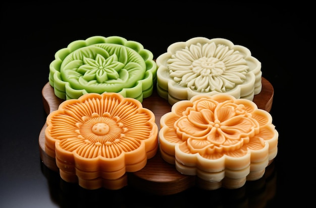 Mooncakes em um prato em um fundo preto