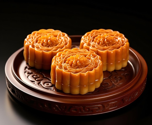 Mooncakes em um prato em um fundo preto