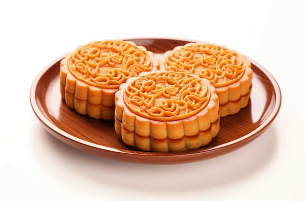 Mooncakes em um prato sobre um fundo branco