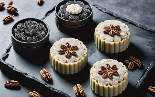 Mooncakes mit schwarzer Sesam- und Pecan-Schneehaut