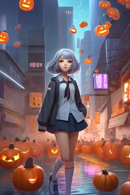 Moonlit Magic GreyHaired Anime coreano La noche de Halloween de las escolares de Tokio