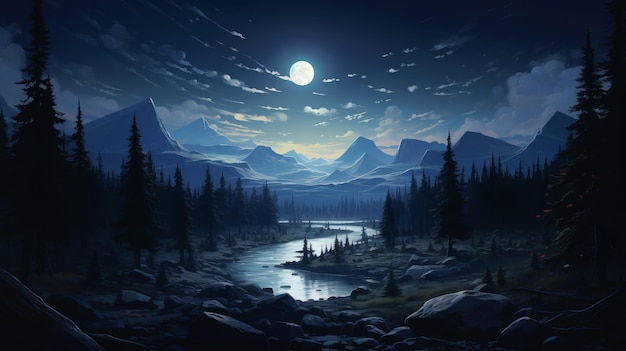 Moonlit Mountains Ein von 2D-Spielkunst inspiriertes Gemälde des Montana-Nationalparks
