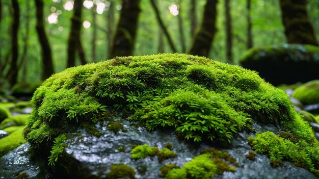 Moos bedeckter Felsen in einem Wald