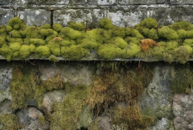 Moos und Flechten bedecken eine alte Mauer vor einem Gebäude