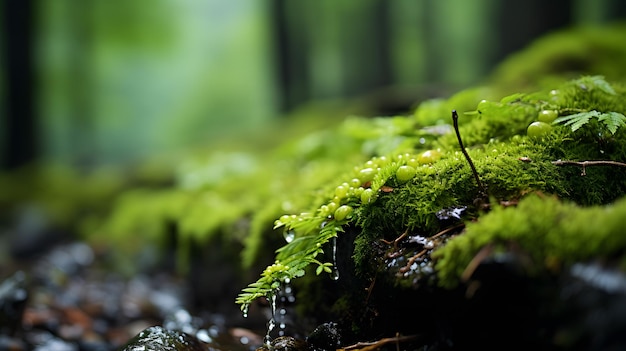 Moos wächst auf einem Felsen in einem Wald, an dem Wasser herunterläuft. Generative KI