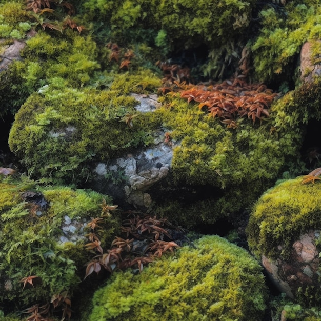 Moosbedeckte Felsen mit einer roten Pflanze darauf.