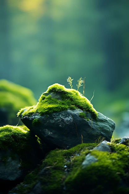Moosbedeckte Steine in einem nebligen Wald Gelassenes Grün und Linsen Hyperrealistische Illustration Photo Art