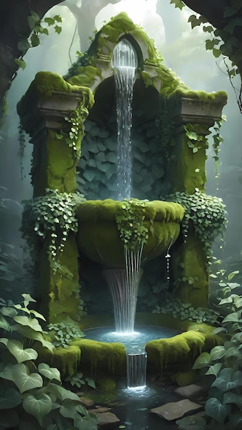 Moosige Steinarbeitsbrunnen mit Efeu-Illustration auf dem Hintergrund