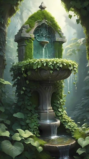 Moosige Steinarbeitsbrunnen mit Efeu-Illustration auf dem Hintergrund