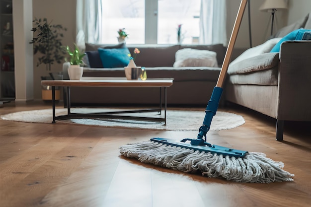 Mop descansando no chão de madeira em sala de estar bem mantida