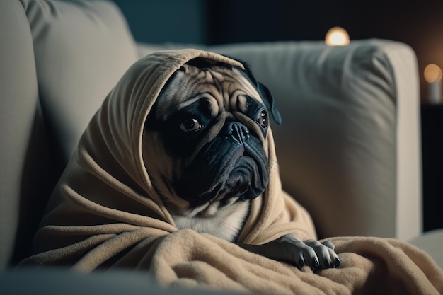 Mops eingewickelt in Decke auf Couch mit Licht im Hintergrund Generative KI