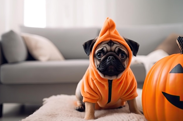 Mops gekleidet in einem Kürbislaternenkostüm