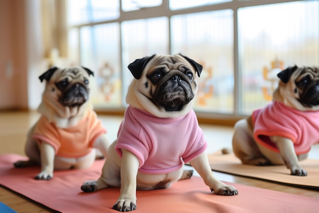 Mops in sportlichen Kostümen machen Yoga und konzentrieren sich auf ihre Posen, um ihre Flexibilität zu zeigen