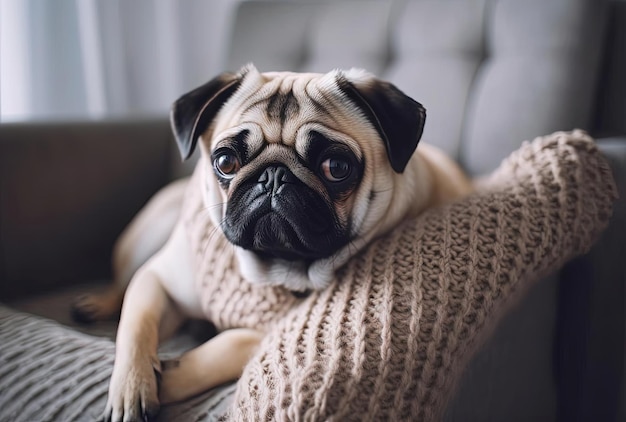 Mops sitzt auf einer Couch in Großaufnahme und blickt in die Kamera