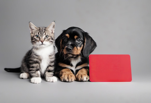 Mopswelpe mit Katze mit Leerzeichen für Text zu Hintergrundfeiertagen und Verkaufskonzept